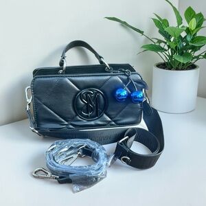 Steve Madden Top Handle Black Guitar Strap Crossbody Quilted Satchel NWT